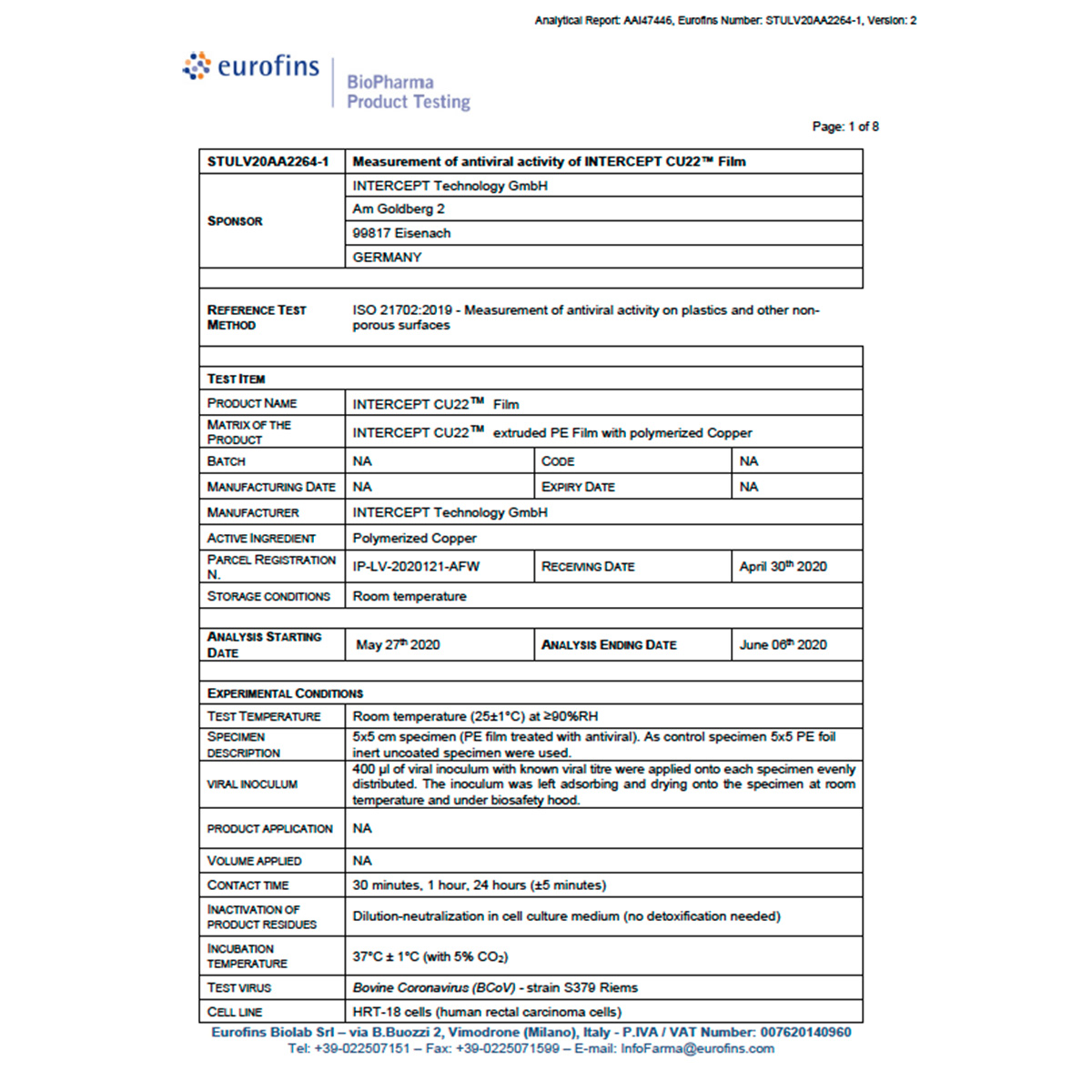 Excerpt of analytical report: AAI47546, Eurofins Number: STULV20AA2265-1